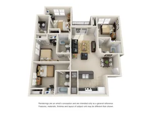 Modern 3D floor plan showcasing 3 bedrooms, a cozy living area, and a sleek kitchen, perfect for family living.