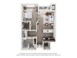 Modern 1-bedroom apartment floor plan with sleek open-concept living and kitchen areas, stylish balcony, and convenient walk-in closet.