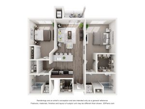 Contemporary 3D floor plan featuring 2 spacious bedrooms, open-concept living and dining area, modern kitchen with island, and 2 elegant bathrooms.