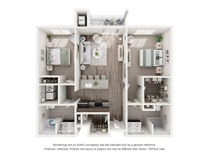 Modern floor plan featuring two spacious bedrooms, an inviting open-concept living and dining area, and a sleek kitchen with a large island.