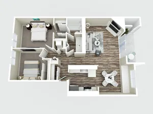 Modern 2D floor plan featuring 2 bedrooms, a cozy living room, sleek kitchen, and elegant dining area with access to a private balcony.
