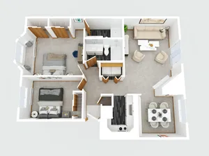 3D floor plan of an apartment featuring 2 bedrooms, a cozy living room, dining area, and modern kitchen.