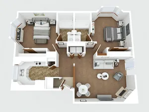 3D floor plan showcasing two bedrooms, a modern living room, and a well-equipped kitchen.