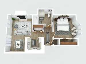 Modern 3D floor plan showcasing 1-bedroom, open living and dining area, elegant kitchen, and chic bathroom.