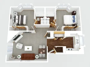 Modern 3D floor plan showcasing 2 bedrooms, a cozy living room, and a sleek kitchen with hardwood flooring. Includes two bathrooms and luxurious carpeted bedrooms, ideal for comfortable living.