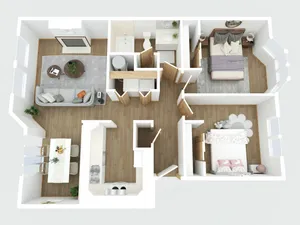 Charming 3D floor plan showcasing 2 bedrooms, modern kitchen, and inviting living area with elegant wooden flooring.