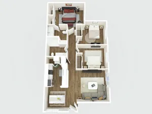 Modern 3D floor plan showcasing 3 spacious bedrooms, inviting living area, and sleek kitchen with dining space.