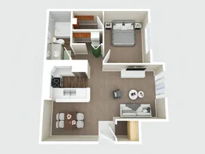 Modern 3D floor plan featuring a spacious bedroom, open-concept living and dining area, and a sleek kitchen with contemporary appliances.