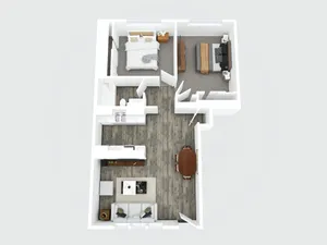 Chic 3D rendering of a modern apartment layout showcasing 2 bedrooms, a spacious kitchen, and an inviting open-plan living area.