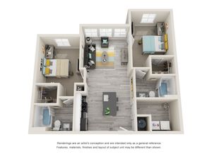 Modern 3D floor plan showcasing 2 spacious bedrooms, an inviting open-concept living area, and a sleek kitchen with a central island.