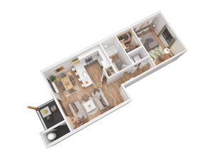 3D floor plan of 1 bedroom open-concept apartment with private balcony at The Preserve on Goodpasture Eugene Oregon