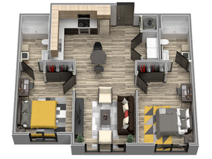 Two Bedroom Two Bathroom 3D Floor Plan at The Flats at Chase Student Apartments in Eugene, OR