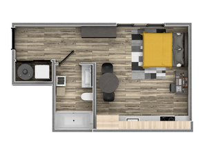 Studio Apartment 3D Floor Plan Layout at The Flats at Chase Student Apartments in Eugene, OR