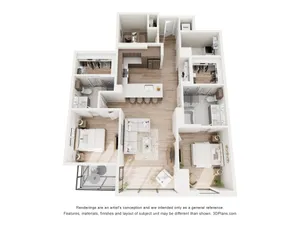 Contemporary 3D floor plan showcasing a spacious 2-bedroom apartment with modern kitchen, inviting living area, and elegant bathrooms.