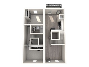 3D floor plan of a modern duplex with two levels, featuring a kitchen, bathroom, and multiple rooms.