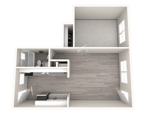 3D floor plan showcasing a spacious living area, a bedroom, and a well-appointed kitchen.