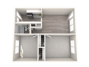 3D floor plan displaying a one-bedroom layout with a modern kitchen and a sleek bathroom.