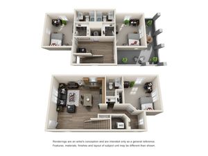 3D floor plan showcasing modern design with three bedrooms, a spacious open living area, and an outdoor balcony.
