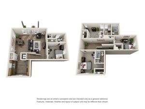 3D floor plan illustrating an inviting living space with four bedrooms, open living room, and modern kitchen.