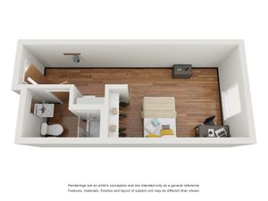 Modern studio apartment floor plan featuring a cozy bedroom area, functional workspace, minimalist kitchen, and sleek bathroom layout.