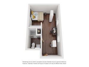 Charming studio layout featuring a cozy bedroom area, compact bathroom, and sleek workspace with warm wood flooring.