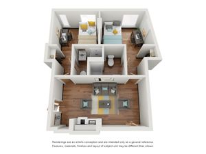 Contemporary 3D floor plan showcasing 2 cozy bedrooms, a modern bathroom, and an elegant open-concept living area with hardwood floors.