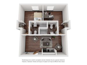 Contemporary 3D floor plan with elegant one-bedroom suite, stylish work-from-home office, and open-concept living space.