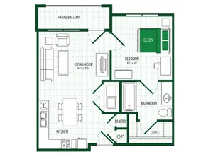 Modern open-concept floor plan featuring a spacious living room, stylish kitchen, 1 bedroom, and inviting patio/balcony area.