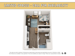 Inviting apartment layout showcasing an open-concept living area, cozy bedroom, modern kitchen, and stylish bathroom. Perfect for comfortable urban living.