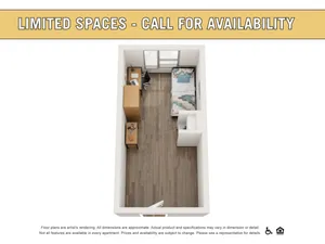 Modern compact 3D apartment layout showcasing a cozy bedroom with workspace. Call for availability.