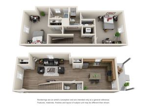 Elegant 3D rendering of a two-story apartment featuring 2 bedrooms, a modern kitchen, and cozy living areas.