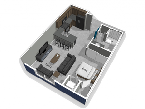 The Falcon studio apartment floor plan with polished concrete flooring