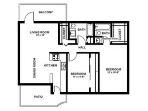 2 Bedroom 2 Bathroom - 1075 sf