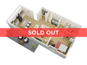Modern 3D floor plan showcasing a chic two-bedroom apartment with open-concept kitchen and living area, stylishly sold out.