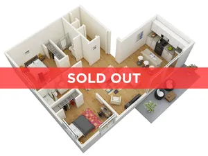Modern 3D floor plan featuring 2 bedrooms, cozy living area, stylish kitchen, and inviting balcony. Sold Out.