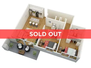 Modern 3D floor plan showcasing 2 bedrooms, an open kitchen with island seating, and a cozy living area leading to a stylish balcony, marked as sold out.