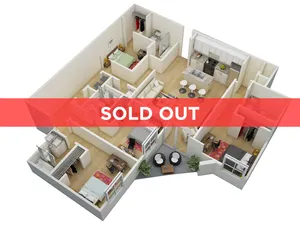 Modern 3D floor plan of a sold-out apartment featuring a spacious kitchen, inviting living area, and three cozy bedrooms with elegant decor.