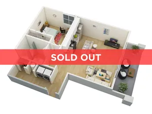 Modern 3D floor plan featuring a cozy bedroom, stylish open-concept living area, and contemporary kitchen with island seating. Includes a laundry space and elegant outdoor patio. Sold out unit.