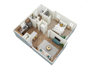 Modern 3D floor plan showcasing a cozy one-bedroom apartment with an open-concept kitchen and living area, stylish furnishings, and ample natural light.