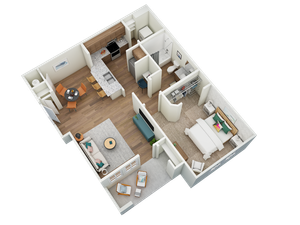 Modern 3D floor plan showcasing a cozy one-bedroom apartment with an open-concept living room and kitchen area, stylish dining space, and spacious bathroom.