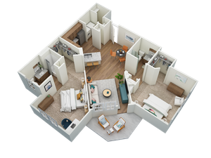 Modern 3D floor plan showcasing 2 bedrooms, cozy living area, chic kitchen with island, and stylish dining space.