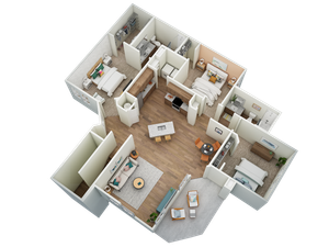 Elegant 3D floor plan showcasing a modern apartment with three bedrooms, inviting open-concept living and dining area, and a sleek kitchen.