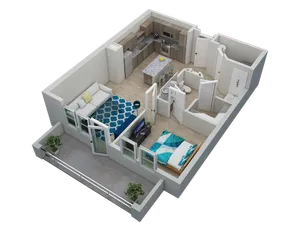 Chic 3D floor plan showcasing a cozy 1-bedroom apartment with a modern kitchen, inviting living area, and a private balcony.