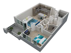 Chic 3D apartment floor plan featuring a cozy bedroom, stylish open-plan kitchen, and inviting living area with balcony access.
