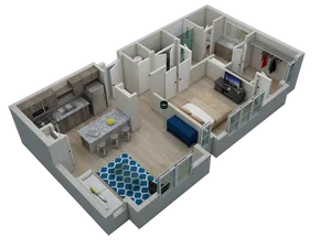 Modern 3D floor plan featuring a spacious bedroom, stylish open-concept kitchen with island seating, cozy living area, and elegant bathroom.