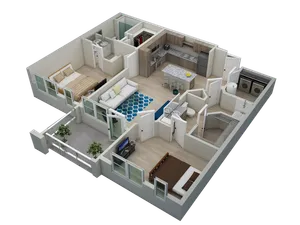 Modern 3D apartment layout showcasing two cozy bedrooms, an elegant open-plan kitchen with breakfast bar, stylish living area, and two bathrooms, perfect for comfortable living.