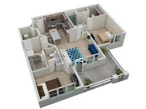 Modern 3D floor plan showcasing 2 bedrooms, stylish open kitchen with breakfast bar, cozy living room, and inviting balcony.