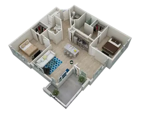 Modern 3D apartment floor plan featuring two spacious bedrooms, an open kitchen with island seating, and a cozy living area, perfect for contemporary living.