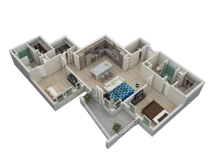 Spacious 3D floor plan featuring 3 bedrooms, open-concept kitchen with island, cozy living space, and stylish bathrooms.