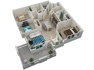 Modern 3D floor plan showcasing two bedrooms, a stylish open-concept living and dining area, sleek kitchen design, and a spacious balcony.